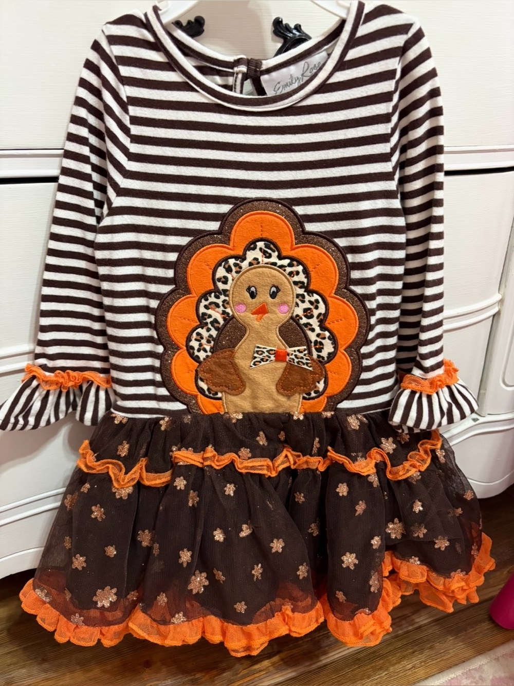 Emily Rose Brown, White Stripe & Orange Turkey Tulle Dress Girl 3T